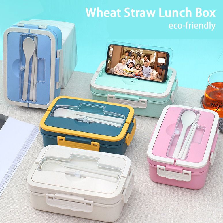 NEW LUNCH BOX SET PP JERAMI GANDUM ECO FRIENDLY WITH HANDLE FREE SENDOK DAN SUMPIT/ KOTAK MAKAN BEKAL