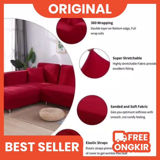 Sarung Sofa L Shape Polos Bahan Elastis High Quality Murah Berkualitas Gratis Sarban 2 Pcs