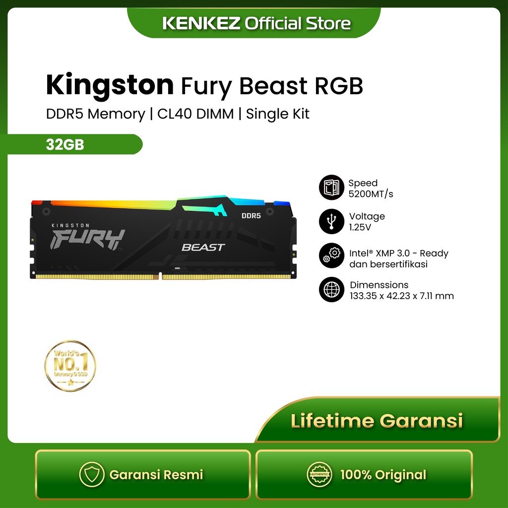 Kingston FURY BEAST Seri Tangguh RGB 32GB DDR5 5200MHz CL40