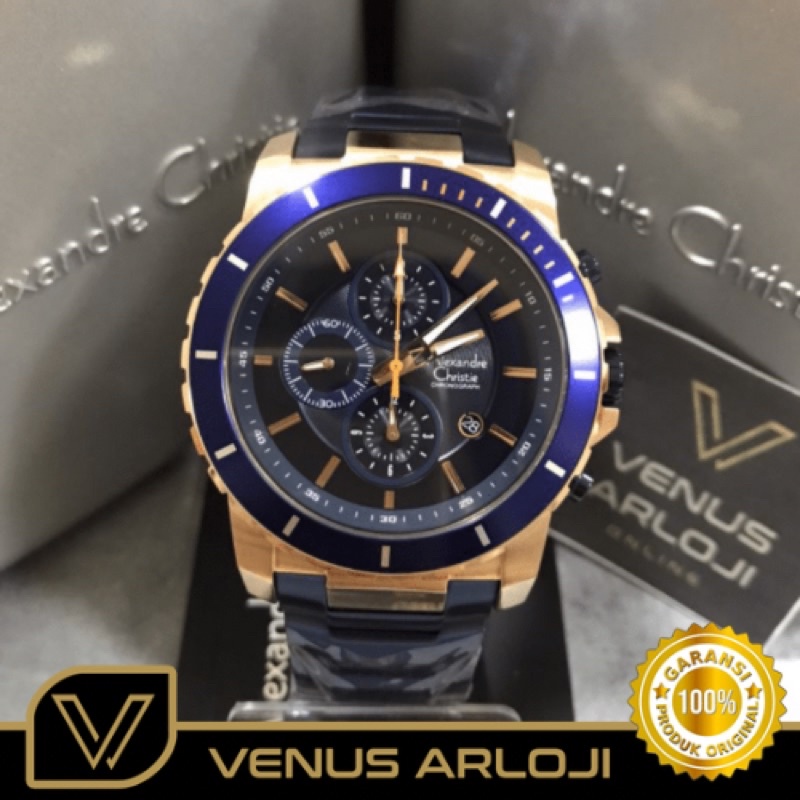 Jam Alexandre Christie AC 6141 MC BUR Pria Rantai Biru Rosegold Bulat