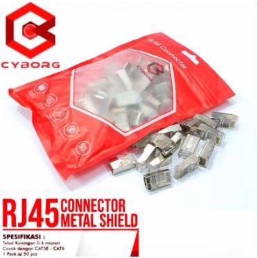 Connector modular plug rj45 lan cyborg cat 5 5e 6 6e gigabit shield metal 50pcs - Konektor rj-45 besi cat5 cat6