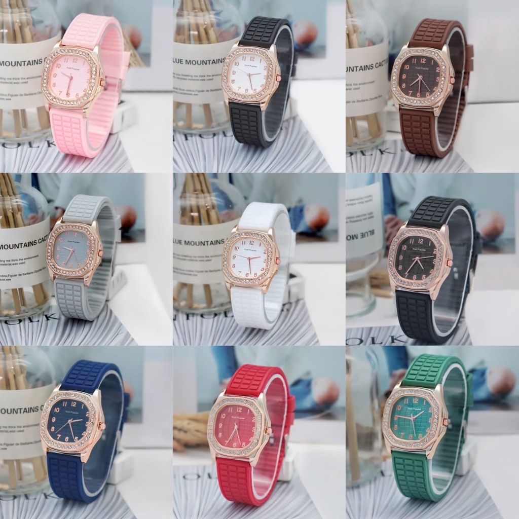 BAJ Jam Tangan Quartz Strap Rubber PU Analog Casual Gaya Retro Wanita Persegi Watch Korean Fashion Body Diamond RM043