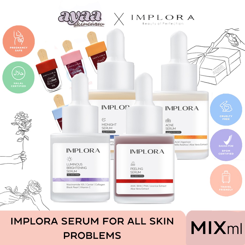 Implora Face Serum 20ml Luminous Brigthening - Lip Cream Matte - Cheek and Lip Tint - Eyebrow Pencil