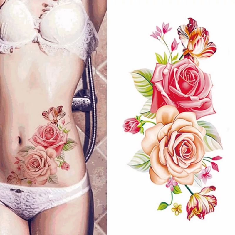 QC Seeries MAWAR MERAH DARAH HIJAU TATO TEMPORER Tahan air - tato temporary tattoo bunga mawar merah - tato custom nama gambar - tato artis - tato keren