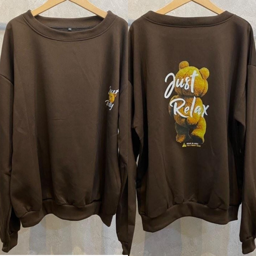 BEFAST - ZSO OOTD Sweater MINAMI / JUST RELAX TEDDY BEAR PRINTING / Pakaian Sweater Oversize / Atasan Lengan Panjang / Sweater Motif / Fashion Wanita Casual / Keluaran Terbaru 2022 / Termurah