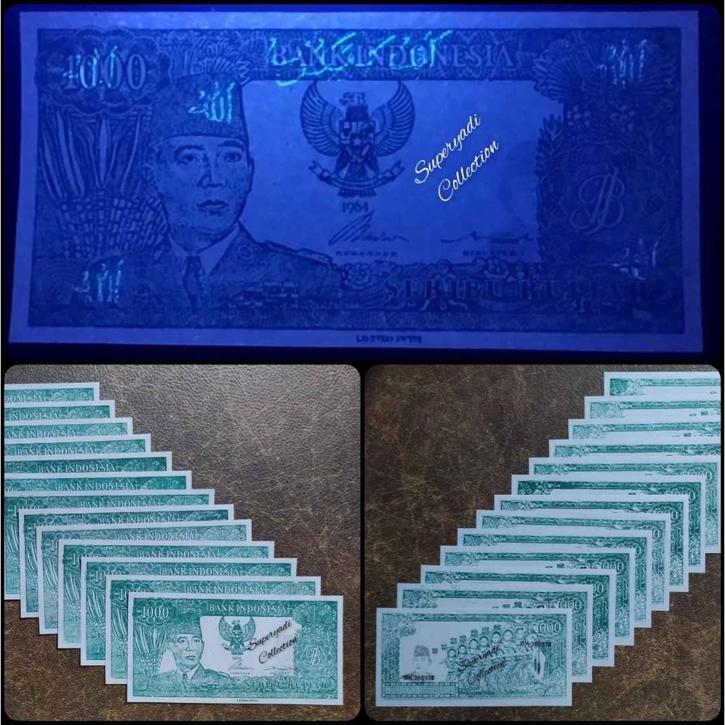 Kertas Rp 1000 1964 Soekarno Penari Serimpi 7 Hijau Hologram/Bayangan Soekarno Tulisan Limited Swiss