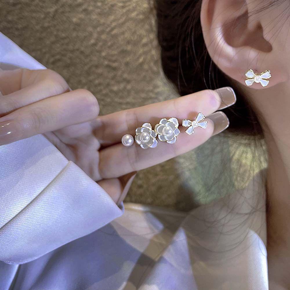 Mxbeauty Wanita Stud Earrings Lucu Temperamen Mutiara Camellia Ikatan Simpul Manis Anting Set