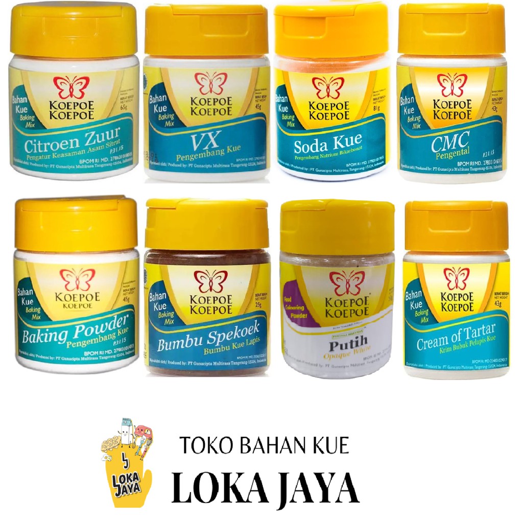 

KOEPOE KOEPOE BAKING POWDER, CITROEN ZUUR, CMC, VX, PEWARNA PUTIH, BUMBU SPEKOEK