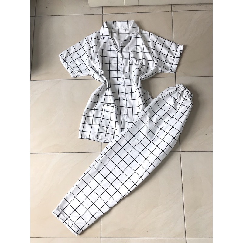 piyama/pajamas kotak&quot; Cp white.bajutidur/homewear/sleepwear wanita motif kotak&quot; putih kekinian cewek