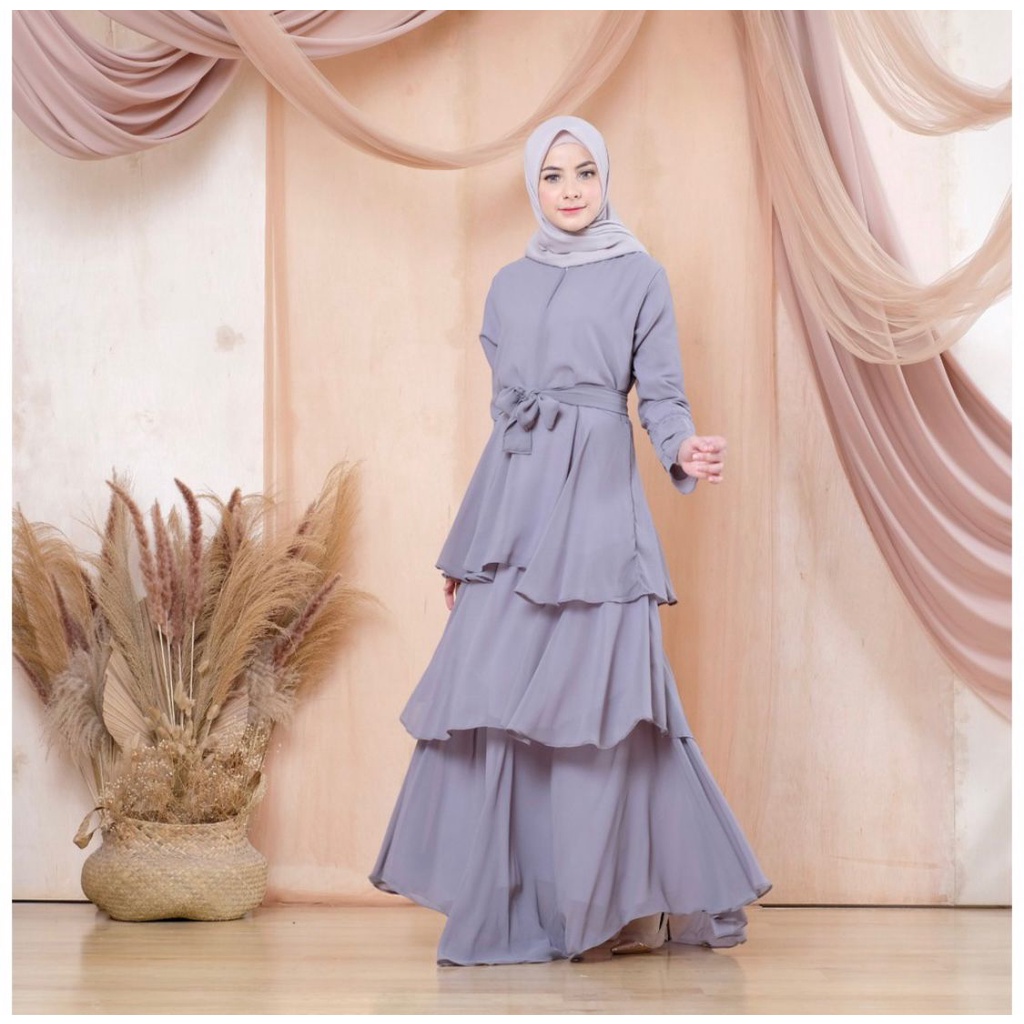 (Promo) Fashion Dress Muslim Wanita Gamis Kenza Long Dress Grosir Populer Muslimah-Grey