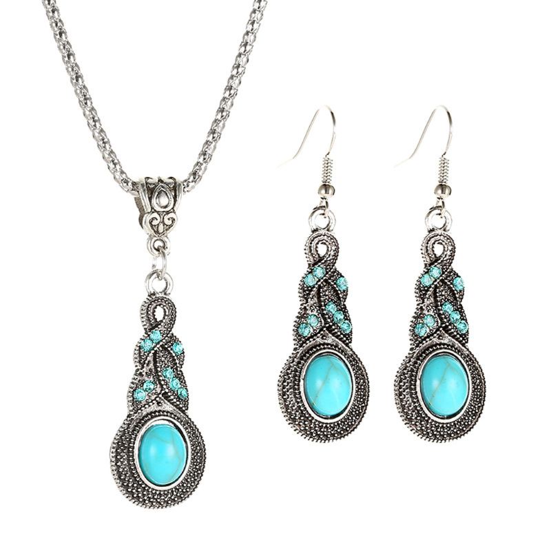 SIY  Ethnic Blue Stone Jewelry Sets Tibetan Silver Turquoise Necklace Earring Jewelry