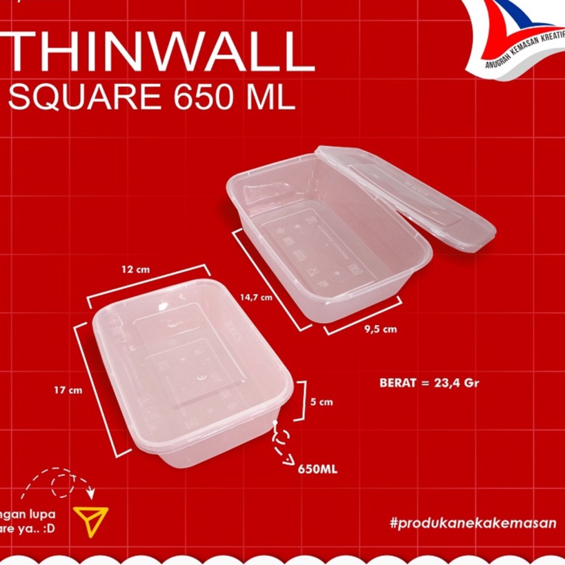 Thinwall Kcs Recta 650 Ml (25 Pcs) / Kotak Makan Nasi Plastik / Tupperware