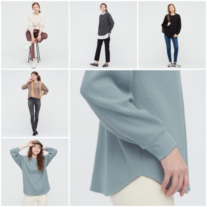 Waffle tshirt Crew neck lengan Panjang Kaos Uniqlo Asli Original SALE TERMURAH