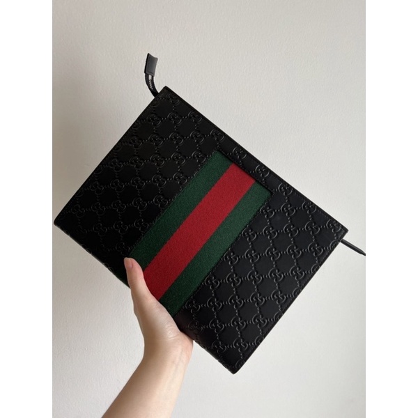 pouch Gucci Men Signature Web Clutch in Black Leather