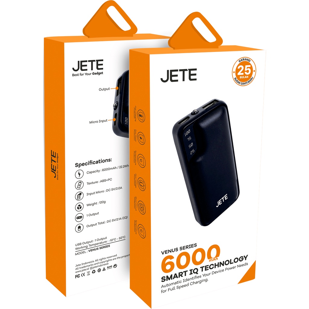 PowerBank 6000 MaH  Fast Charging | Smart IQ Technology  JETE Venus - Garansi Resmi 2 Tahun