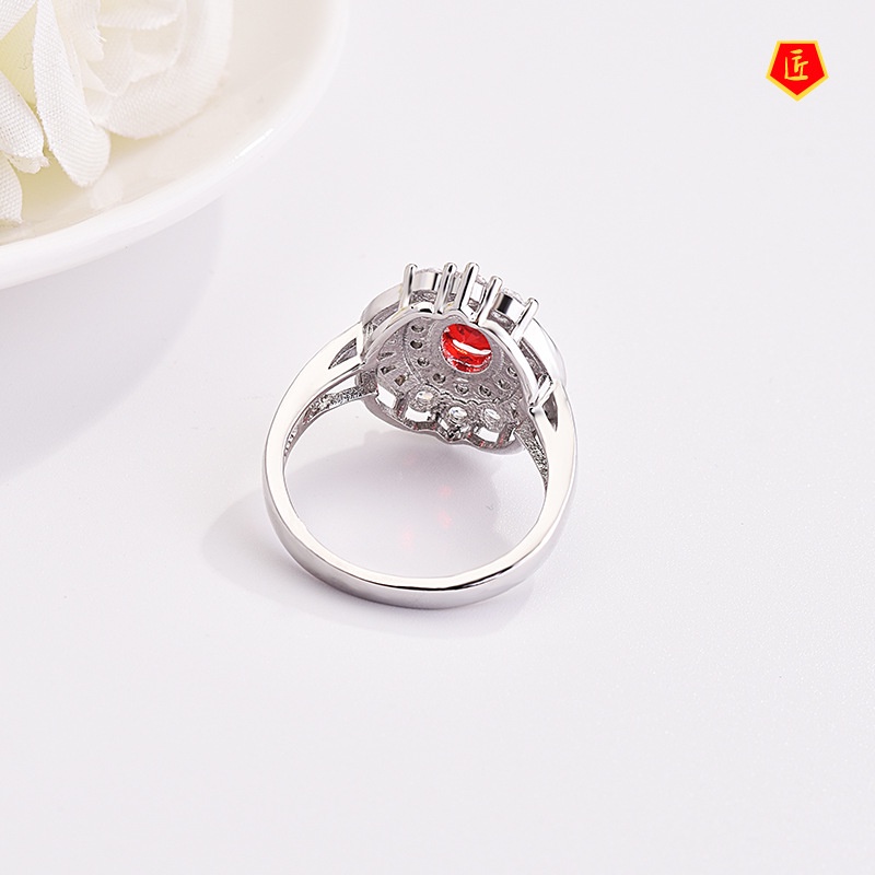 [Ready Stock]Luxury Fashion Inlaid Ruby Ladder Square Diamond Ring