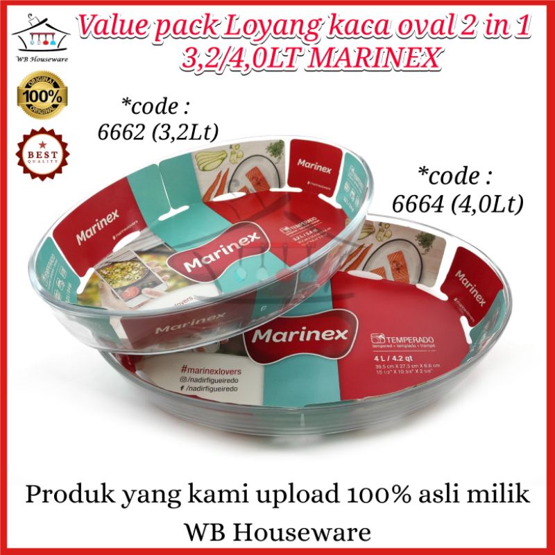 loyang kaca oval set isi 2 marinex / value pack 2in1 / prasmanan tahan panas 3,2/4,0Liter