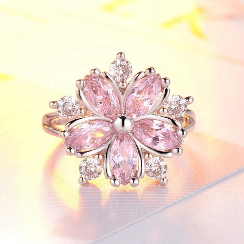 Cincin Wanita Bahan Stainless Steel Hias Permata Pink Untuk Pernikahan