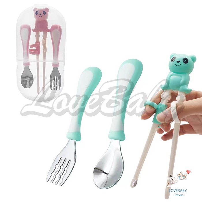 [1KG 6PCS] LBS Alat makan Sendok Garpu sumpit Set anak/ Set Alat Makan Anak/ Stainless Gratis Tempat Simpan Chopstick Training Latihan Sumpit