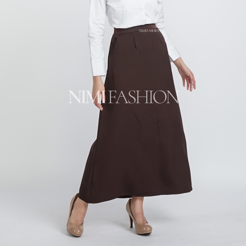 Rok Kerja Wanita Panjang Pinggang Karet Model A-line Formal Muslimah-2
