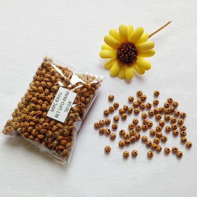 Manik Spacer Plastik Corak Kayu Bentuk Bulat UFO 6 mm 50 Gr - Bahan Aksesoris