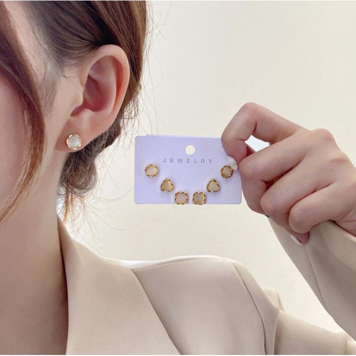 6pcs / Set Anting Stud Bentuk Opal Geometris Bahan S925 Silver Gaya Vintage Untuk Wanita