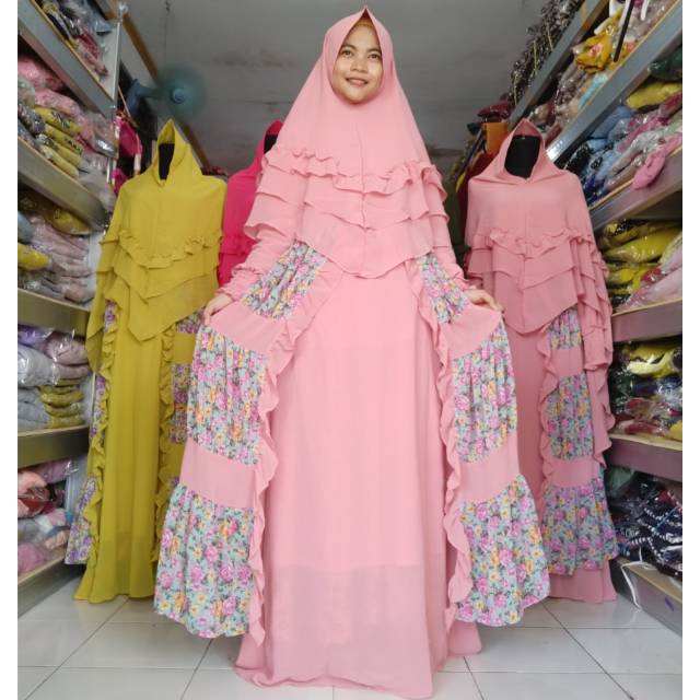 SET GAMIS SYARI BAJU MUSLIM HARIAN SIMPLE CERUTY MOTIF PRINTING BUNGA BUSUI KHIMAR PET ORI CANTIK