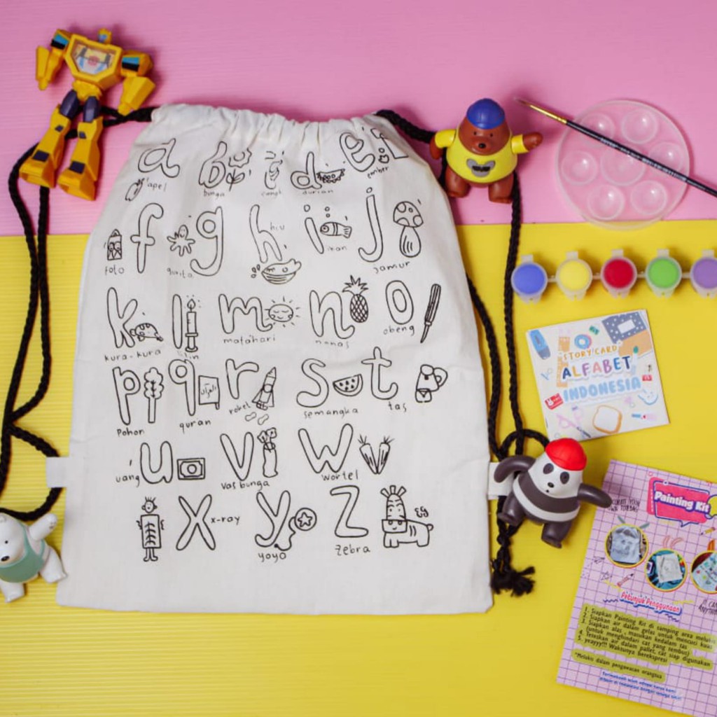 

Paket Lukis Anak - Alphabet Indonesia (paket lengkap tas, cat , kuas , pallet , packing)