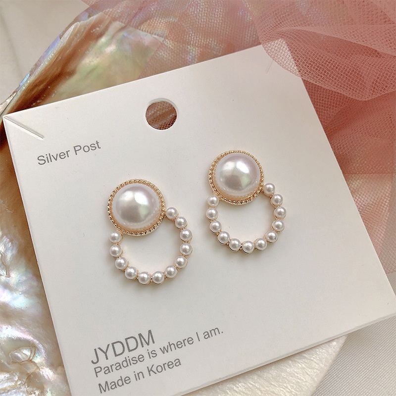 Anting Tusuk Gold Geometric Circle Pearl Earrings Sterling (Takota 035)