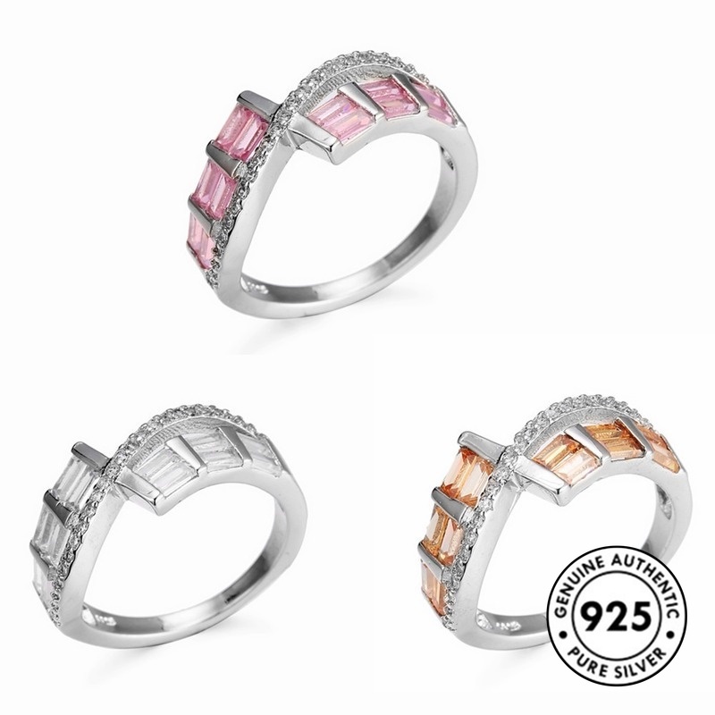 Cincin S925 Silver Bentuk Kotak Aksen Kristal Berlian Warna Pink