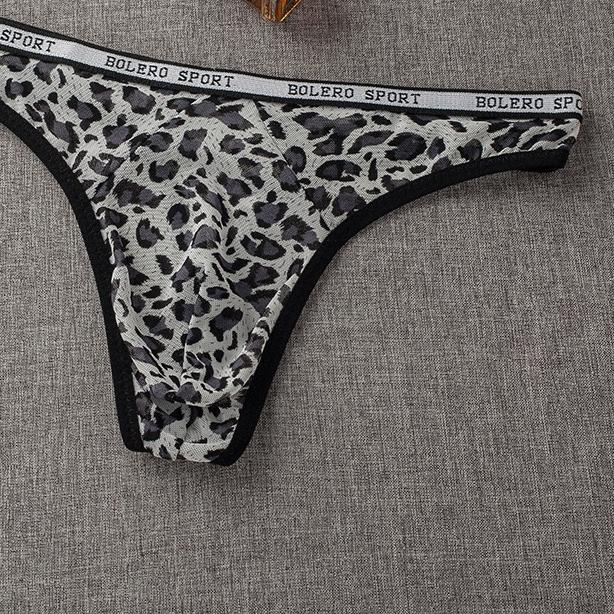 ➺ G String Pria Seksi Low Waist Transparan Mesh Celana Dalam Pria Leopard Pola U Segitiga Thong Y055