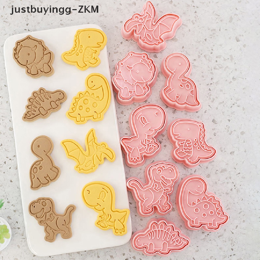 8pcs / Set Cetakan Pemotong Kue / Biskuit Bentuk Kartun Dinosaurus 3D Bahan Plastik Model Tekan Untuk Dapur Cetakan Kue DIY