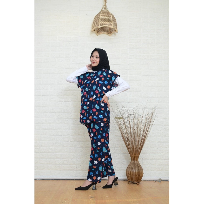 Setelan Piyama Babydoll Lengan Pendek Kekinian Baju Tidur One Set Rayon Premium Wanita Dewasa Busui-Navy Cake