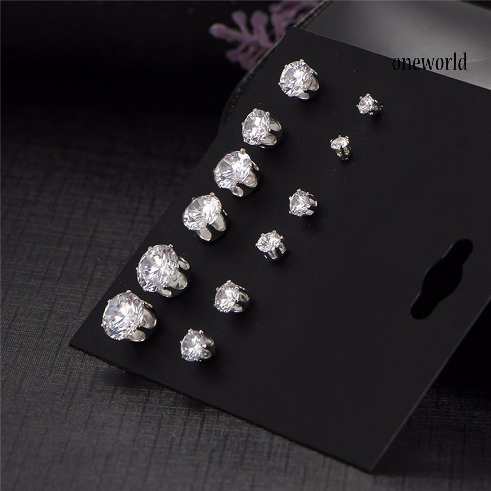 OW@ 6Pairs Women Jewelry Round Cubic Zirconia CZ Crown Ear Stud Earrings Xmas Gift