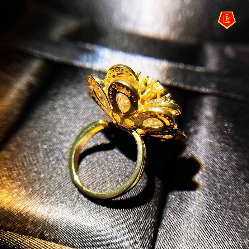 [Ready Stock]Fashion Micro Inlay Full Diamond 18K Gold Vertical Camellia Ring