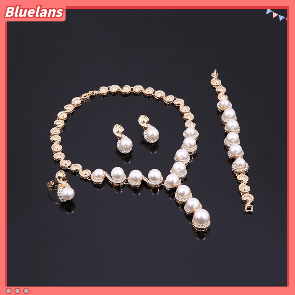 Set Perhiasan Kalung Gelang Anting Stud Mutiara Berlian Imitasi Untuk Wanita