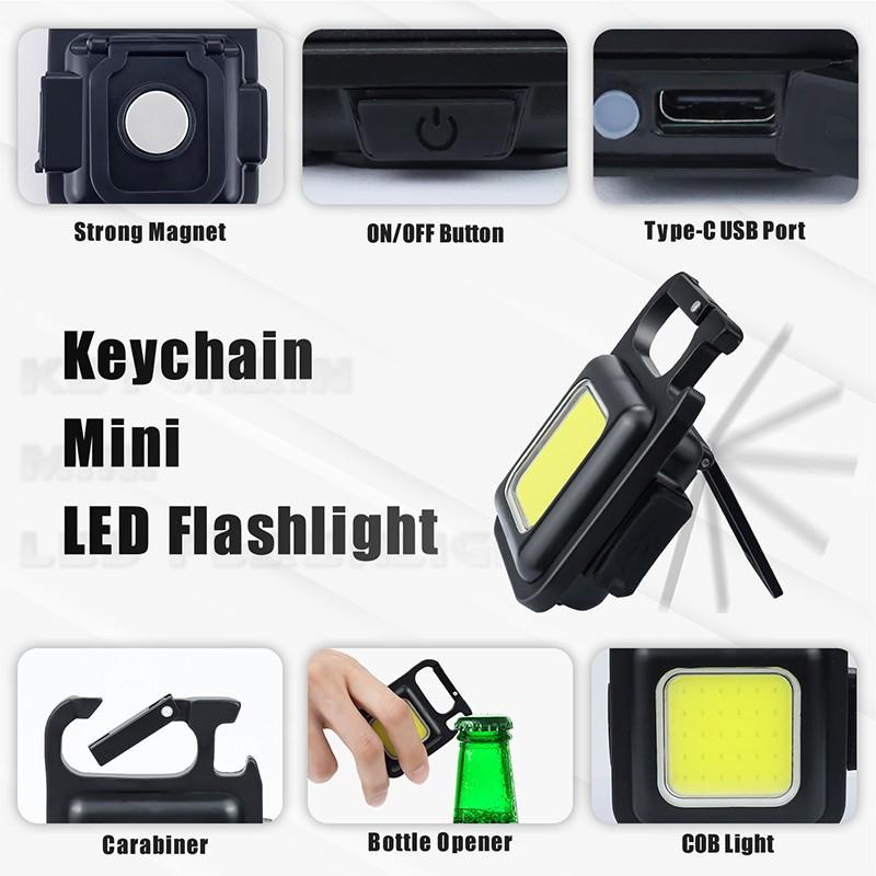 ( COD )Mini Cob Keychain Lampu Senter Led Portable Light Usb Rechargeable Emergency Dengan Gantungan Kunci camping kemah SAKU PEMBUKA BOTOL MAGNET SUPER TERANG