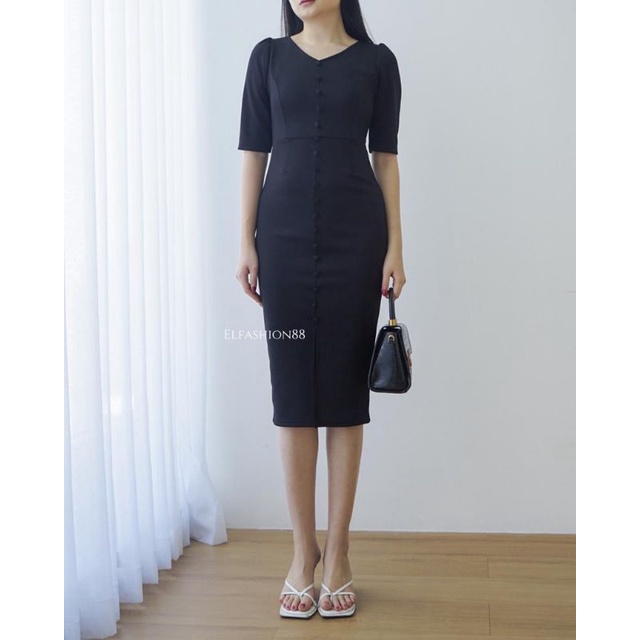 Elfashion • Dress Bodycon Button | Midi Dress Wanita