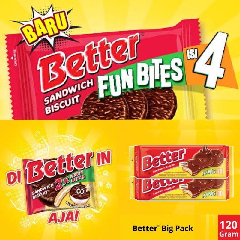 

BISKUIT COKLAT BETTER 48GR 20 SACHET / FUN BITES 4x20GR 6 BKS / BIG PACK 120GR 1 BKS