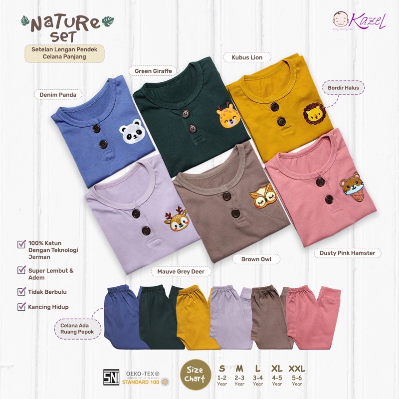 Kazel Nature Set Series Setelan Pendek Celana Panjang Anak 1 - 5 Tahun