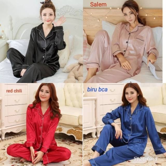 TERBARU Baju Tidur Wanita Celana Panjang Piyama Wanita Satin Lengan Panjang