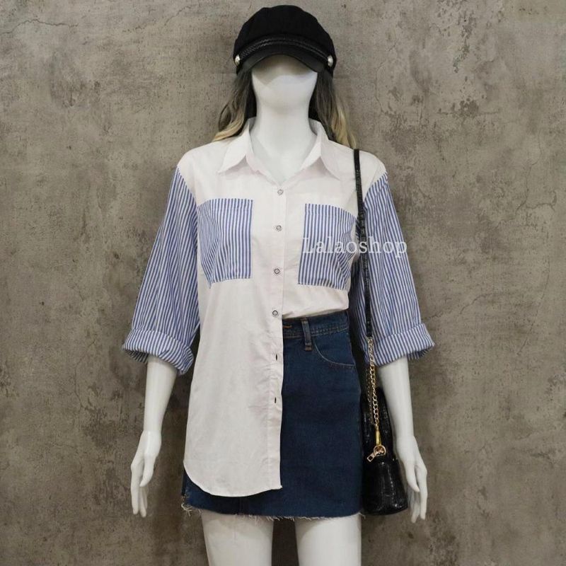 Zilla Blue White Stripe Two Pocket ( Kemeja putih mix garis biru )