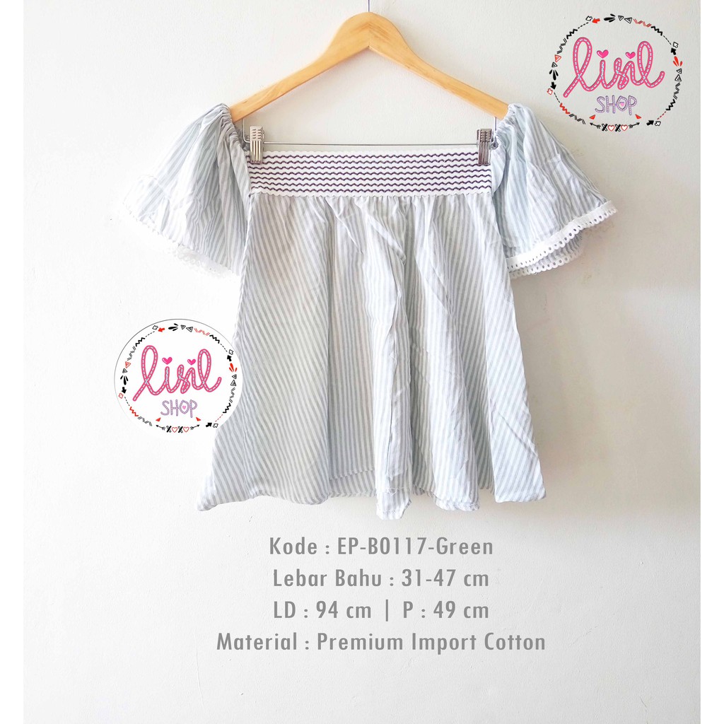 Atasan Wanita BAJU SABRINA GARIS SALUR HIJAU Blouse Bahu Bolong Import