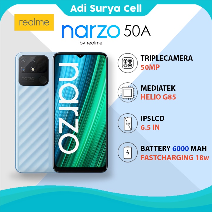 Realme Narzo 50A Ram 4 GB + 128 GB Rom Mediatek G85 Kamera 50 megapiksel Battery 6000 mah Fast charg