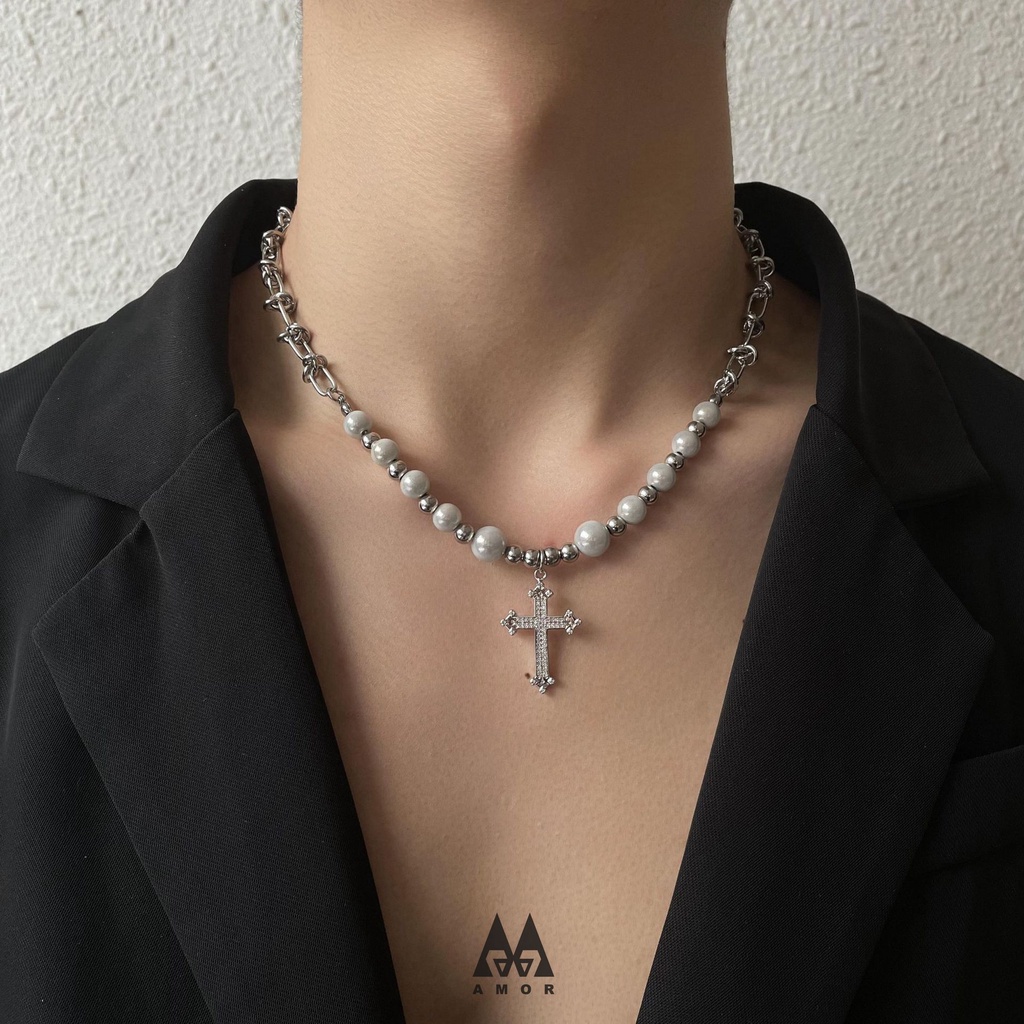 Kalung Desain Salib Aksen Mutiara Untuk Pria Dan Wanita