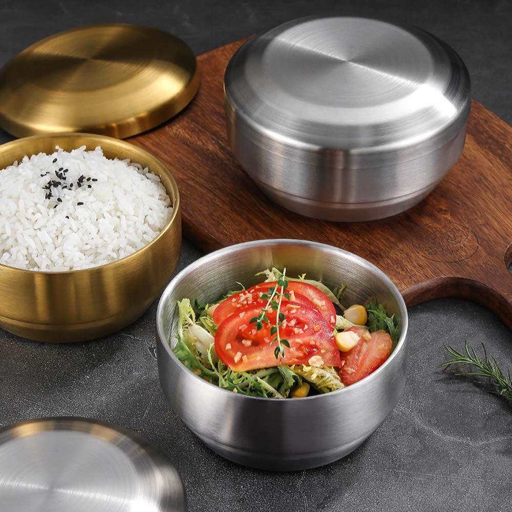 Rebuy Double Rice Bowl Silver Peralatan Makan Korea Dengan Tutup304Stainless Steel Kukus Masakan Korea Mixing Bowls