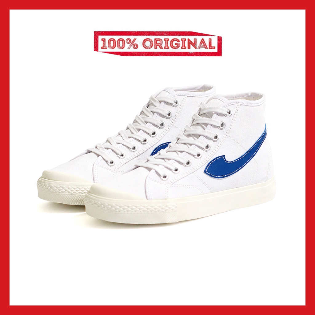 ORIGINAL - Sepatu Brand Lokal Kasual Pria Wanita No Brand White Blue Hi Not Sneakers Compass Gazelle Putih Biru Tinggi