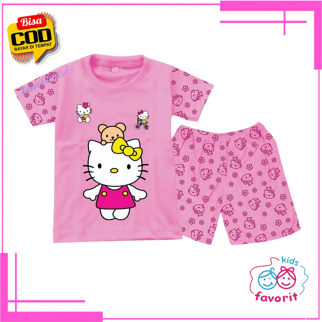 Favorit kids Setelan baju tidur anak perempuan lengan pendek celana pendek gambar hellokitty pink