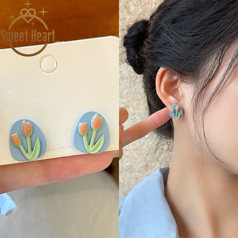 Anting Bentuk Bunga Tulip Geometris Tidak Teratur Gaya Retro Untuk Wanita