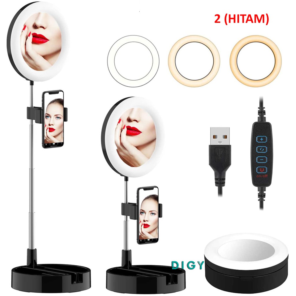 Termurah Ring Lamp Light G3  warna HITAM Make up Mirror Ring Light Phone Holder Kaca